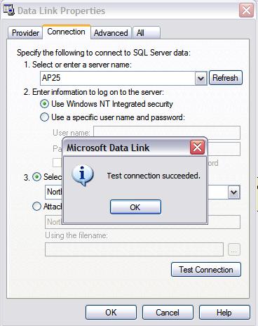 SQL server specified Click Test Connection to check the connectivity to
