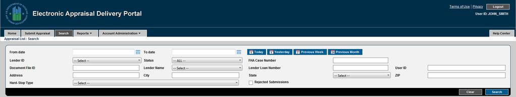 Figure 3.1.2 Appraisal Search Page Clear/Search Buttons 2. Enter the parameters for your search. These parameters, shown in the Table 3.1.3, enable you to refine your search by date, Lender ID, FHA Case Number, etc.