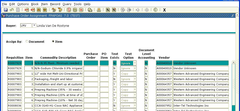 Assign a purchase order by item. 1. On the General Menu screen type FPAPOAS in the Go To box. Hit enter. This will take you to the Purchase Order Assignment (FPAPOAS) screen. 2.