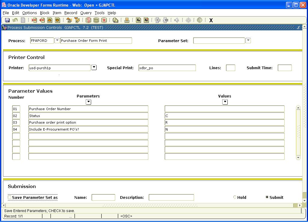 Printing a Purchase Order 1. On the General Menu screen type FPAPORD in the Go To box. Hit enter. This will take you to the Process Submission Controls (GJAPCTL) screen. 2. Click on Next Block. 3.