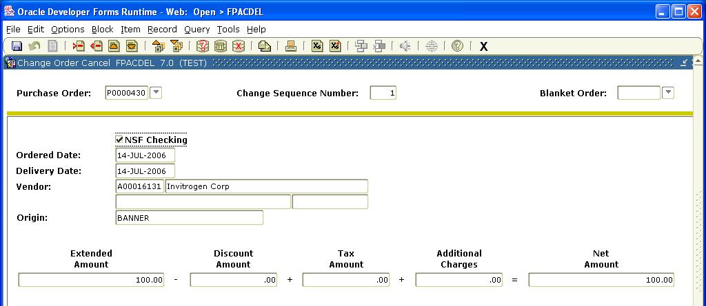 Canceling a Change Order The Change Order Cancel Form (FPACDEL) is used to permanently cancel change orders. You cannot cancel change orders until after they have been completed, approved, and posted.