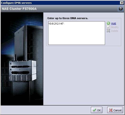 Configure DMA servers dialog Add the NVBU Server on the Dell NAS On the