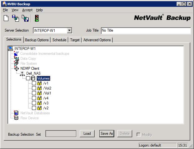 Quest NetVault Backup Plug-in 17 for NDMP Application Notes for Dell FluidFS NAS Appliances Figure 3-1: Selections tab 4. Open the target filer to display the Volumes nodes: 5.