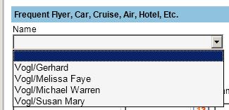 From the drop down menus select the passenger associated with the Loyalty Card (required), the Program Type (Car, Cruise, Frequent Flyer, Hotel or Other),