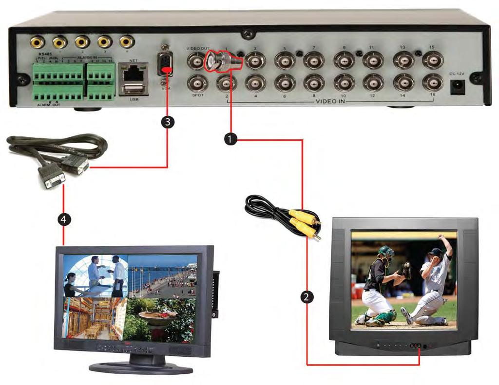 PART 3 - CONNECTING THE DVR TO YOUR TV Q-SEE QUICK INSTALLATION GUIDE The primary display on the DVR is VGA. To use with a VGA monitor: 1. Plug the VGA cable (not included) to the VGA port on the DVR.