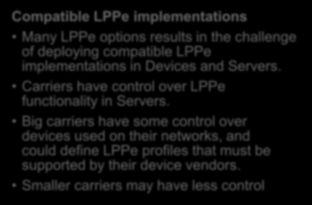LPPe - Challenges Compatible LPPe implementations Many LPPe options results in the challenge of deploying compatible LPPe implementations in Devices and Servers.