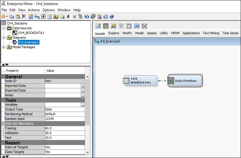 Display 4.27 Click OK to create the diagram. Drag the data source into the work space diagram and attach the data partition node. Set the data set allocation as shown in Display 4.