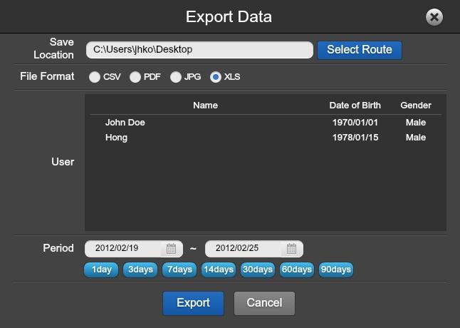 3.6.1 Export Data Click the Export Data and the following screen will appear. A B C D Displayed Item Description A. Save Location Click the 'Choose Location' button select the location to save data.