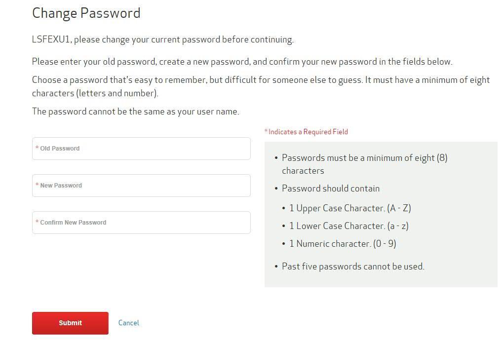 4.3. User Password reset process When the end user logs in for the first time with the user id and password generated, they will be required to provide a new password.