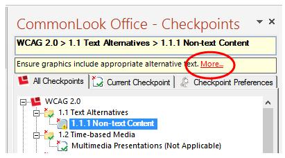 The checkpoints that are in bold are those that either CommonLook Office GlobalAccess has found an issue with or they require manual verification from the user.