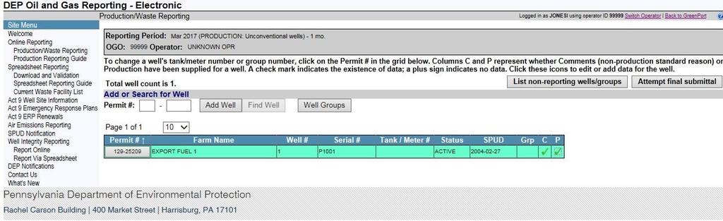 17. The green plus (+) under the P will change to a green check mark ( ).To add production data for additional wells click the Continue button and repeat steps 11 through 16.