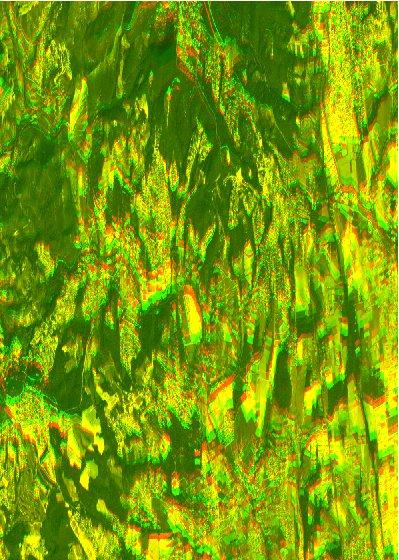 Figure 1: Detailed test areas showing hilly (left), mountainous (mid) and urban (right) terrain in anaglyph presentation (red: forward image, green: backward image).