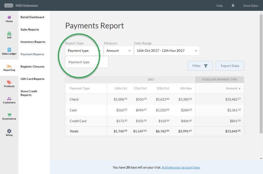 Make sure you are in accessing Vend via www.vend.hq.com. 2. Select Payments Report from second column from far left.