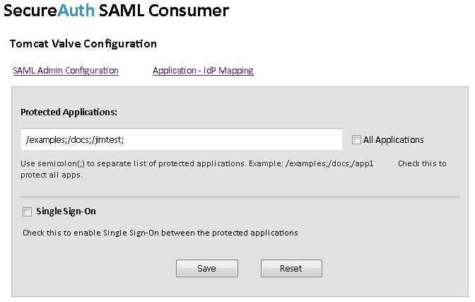 Java SAML Consumer Value-Added 7. Click on the Tomcat Valve Configuration link and the Tomcat Valve Configuration screen like the example in Figure 4. FIGURE 4. Tomcat Valve Configuration Screen 8.