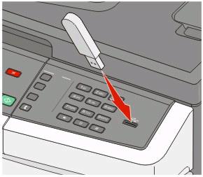 To print from a flash drive: 1 Make sure the printer is on and Ready or Busy appears. 2 Insert a flash drive into the USB port.