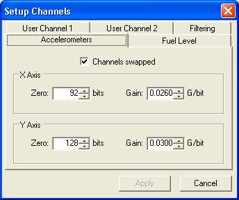 Figure 39 - Setup Channels Dialog (Accelerometers Page) Channels Swapped X Axis Y Axis Check this box if the control box has been mounted at right angles to it s preferred direction, i.e. the X arrow on the enclosure is aligned with the direction of travel rather than being at right angles to it.