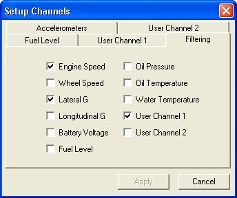 Figure 42 - Setup Channels Dialog (Filtering Page) Podium Plus uses a simple, but effective, averaging filter to remove noise from logged data.
