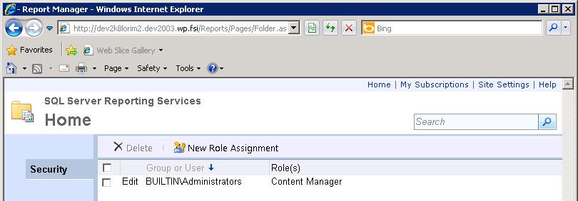 Click Folder Settings to remove any extra accounts in SSRS. If any users other than the BUILTIN\Administrators and ECMSRSUser exist, click the check box next to each user account and click Delete.