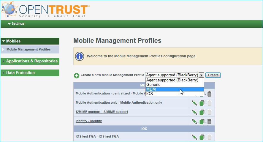 1. Click the Create a new Mobile Management Profile drop-down arrow. 2. Select MDM from the list. Note: You can select Agent supported (BlackBerry), Generic, MDM, and ios from the drop-down list.