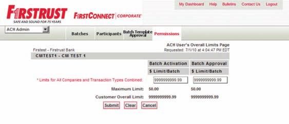 ACH Permissions Set the limits and transaction types an ACH User can access by using the ACH Permissions feature.