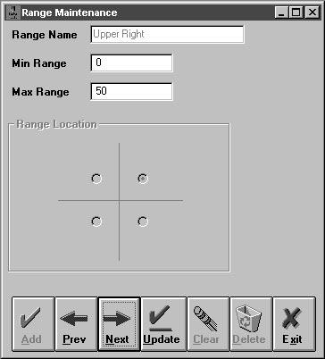 File Menu, cont'd Range Maintenance, cont d RESULT: One of four of the following Range Maintenance dialog boxes appears. 5. In the Min Range field, type the minimum range. 6.
