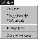 Window Menu The options listed below are provided within the Window menu: Cascade - Tile Horizontally - Tile Vertically - Arrange Icons - Used to arrange multiple log books.