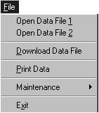 Main Screen, cont'd File Menu Below is a list of options provided within the file menu including a brief description: Open Data File 1 - Open Data File 2 - Download Data File - Print Data - Opens a