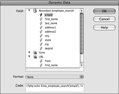774 Building an Update Page Figure 4-2: The Dynamic Data dialog box. Figure 4-3: The updated URL field in the Select File dialog box. 10.