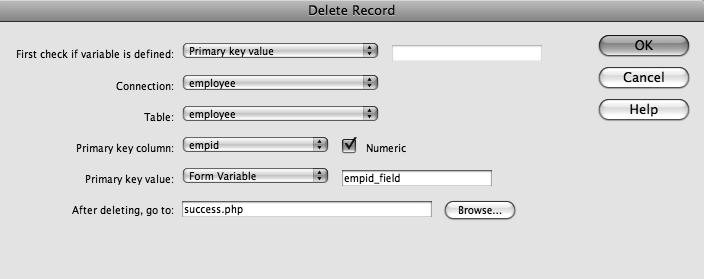 788 Testing Your Delete Page 5. Select the primary key column in the Primary Key Column drop-down list.