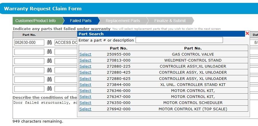 If you know a part number, enter it. If the part number is recognized, the Description will appear; otherwise, enter a description. You can also search for a part by using the binocular icon.