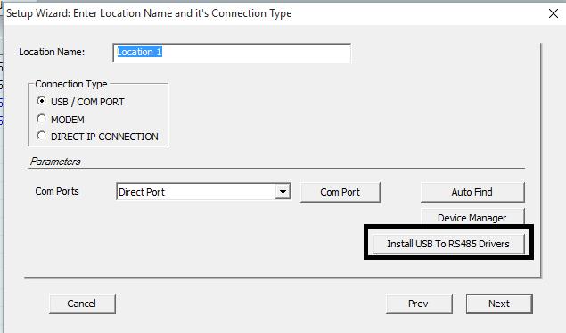 Location Connection Type: USB to RS485 comms converter Connection: If you are connecting the controllers via a USB to RS485 comms converter