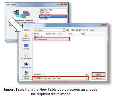 Importing Data/Linking Data (Access 2003 or earlier) Step 1: In the Database Window, make sure you are in the Tables category and click the New button to reveal a pop-up screen called New Table and