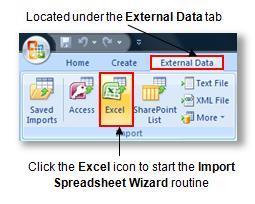 Importing Data/Linking Data (Access 2007 and later versions) Step 1: From the Ribbon Bar, locate the External Data tab and click the desired icon from the Import section to start the import wizard
