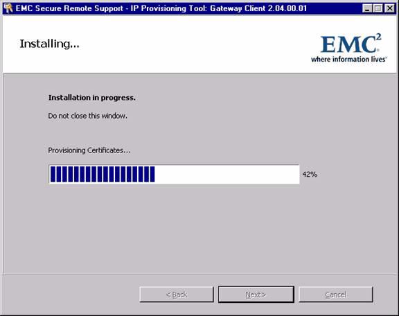 Provisioning and Configuration Instructions 5. The Provisioning Tool is gathering the ESRS Certificates to make the system live with the ESRS 2.0 Device Client.