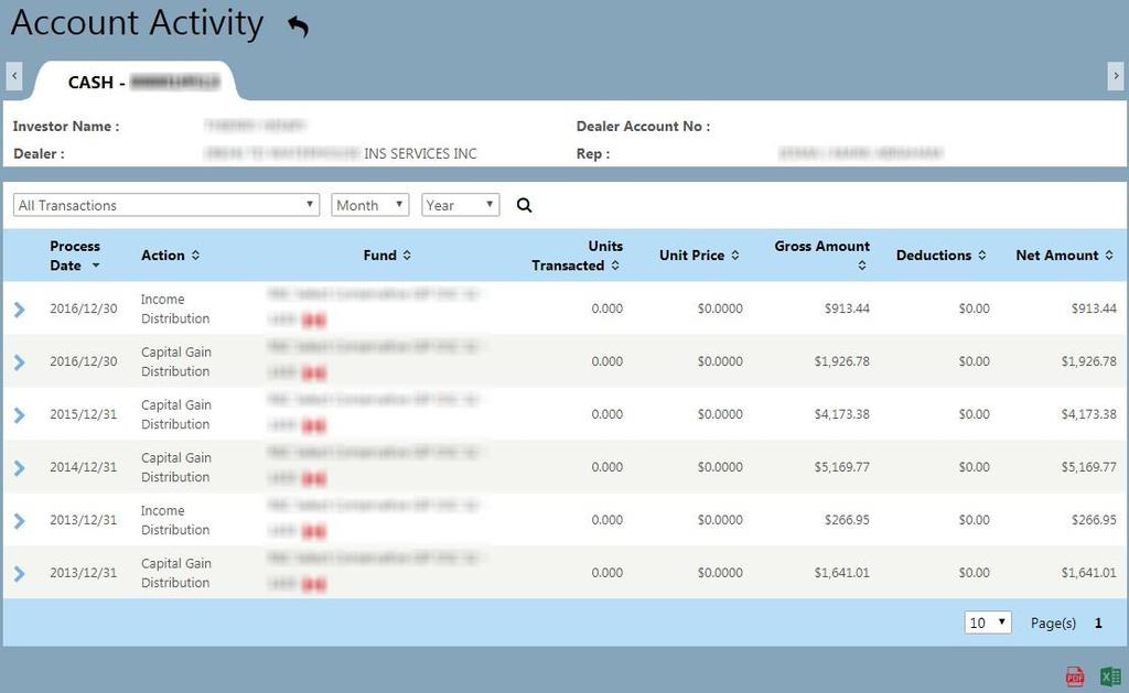 Activity ACCOUNT ACTIVITY The Activity screen lists all the transactions associated with your account. Transactions can be filtered by Fund, Month and Year.