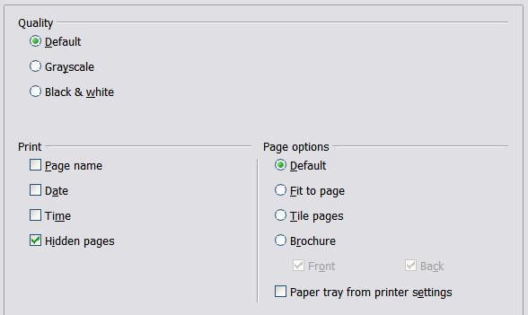 Figure 8: Specifying print options for Impress Customizing the user interface Customizing the menu font If you want to change the menu font from that supplied by OOo to the system font for your