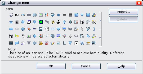 Figure 14: Change Icon dialog Customizing keyboard shortcuts The Appendix to this book lists the default keyboard shortcuts supplied with Impress. You can change these defaults or add new shortcuts.