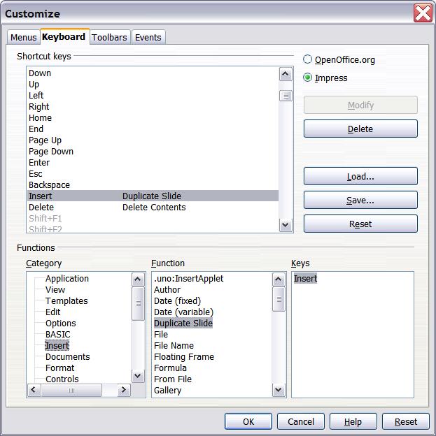 Figure 15: Customizing keyboard shortcuts 4) Next select Insert in the Category list and Duplicate Slide in the Function list.