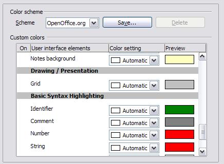 Appearance options On the OpenOffice.org Appearance page, you can specify which items are visible and the colors used to display various elements of the user interface. Figure 3.