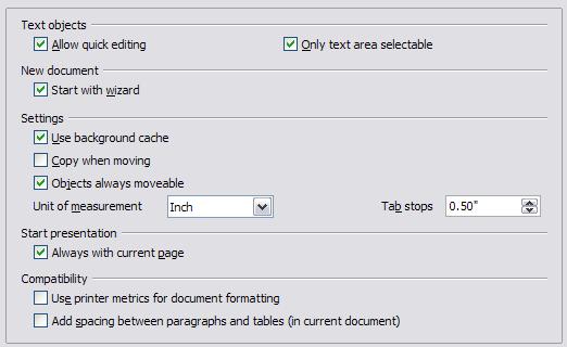 General options In the Options dialog box, click OpenOffice.org Impress > General.