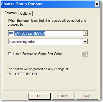 Right click and select Change Group from the popup menu. You will get the window shown below. Earlier versions of Crystal used one dialog box, while Crystal 9 through 11 put Options on a second tab.