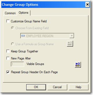 Check Repeat Group Header on Each Page and click OK. Keep Group Together will print the group header, details and the group footer sections on the current page or on the next page.