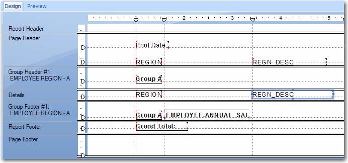 Cutting and pasting a field You need to switch the vertical positions of the NAME field and heading with the REGN_DESC field and heading. Select NAME in the Details section and click on the Cut icon.