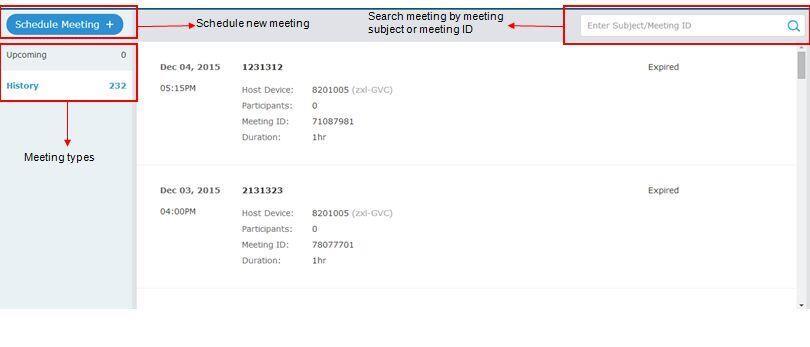 MEETINGS Users could schedule new meetings with linked device as the meeting host, check upcoming or history meetings. The meeting screen is shown below: SCHEDULE A NEW MEETING 1.