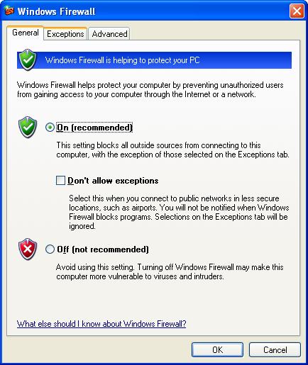 Step4. The Windows Firewall screen will be popped up, select Exceptions option menu.