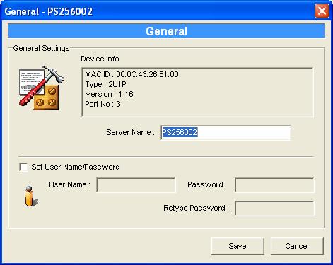7.5 General Configuration Double Click General icon and the General configuration window will pop-up. You can see basic print server information in this page.