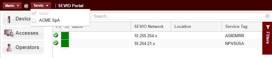 The Firewall properties for each Sevio Router can be customized through the Sevio Portal as indicated below: From the Devices section, select the specific Sevio Router whose Firewall you wish to edit.