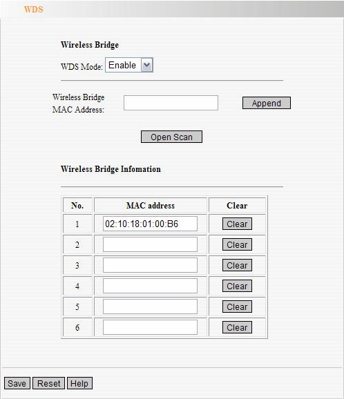 4. Wireless Bridge Information: To display the MAC Addresses of all the wireless bridges added. Maximum 6 groups are supported.