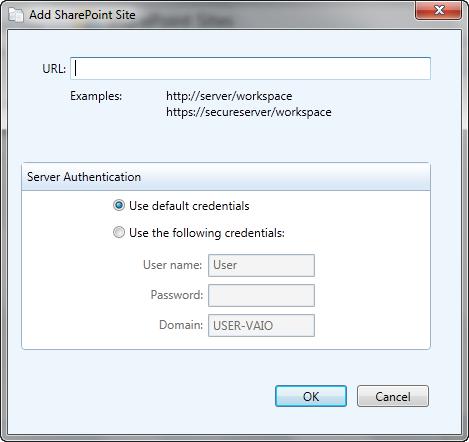 3. Enter the following information in the dialog: a. URL: enter the web address of the SharePoint site you want to add.