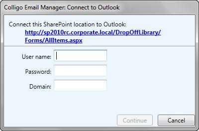 2. If you are logged in with your default credentials, you are not prompted for a username and password. If not, you are prompted for your login credentials with the Connect to Outlook screen: 3.